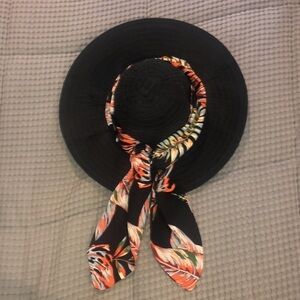 Chatties Black Sun hat and and thin black scarf with tropical design